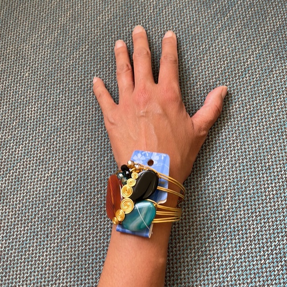 Simple Treasure Copper Wire Adjustable Stone & Beads Cuff Bracelet - Picture 2 of 5